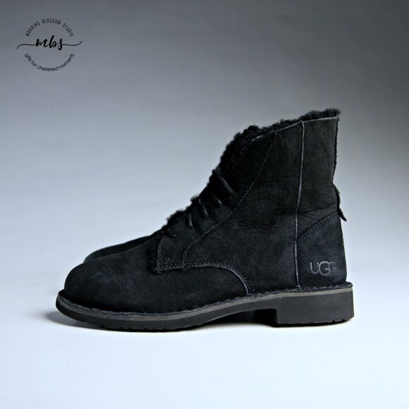 UGG Quincy Shearling Suede Lace Up Fold Over Short Boot Black Women 6.5 - Picture 4 of 16